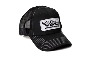 White Farm Equipment Hat, Black Mesh with White Accent Stitching