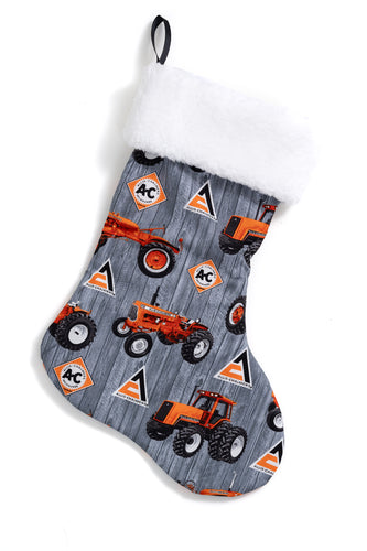 Allis Chalmers Tractor and Logo Christmas Stocking, Gray Barnwood Print