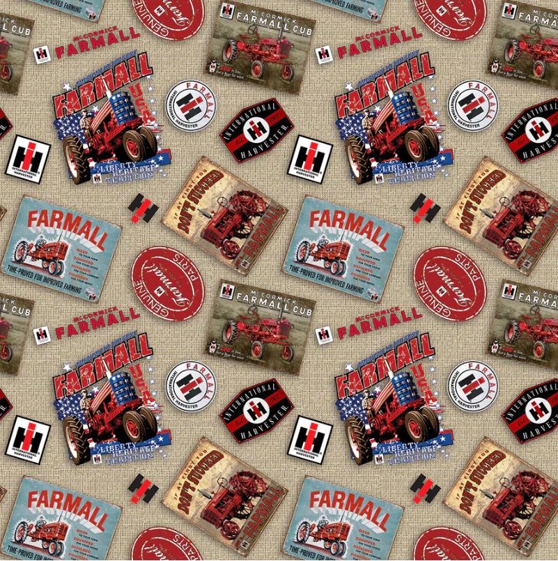 Farmall IH Tractor Fabric, Patriotic Tan Burlap All-Over Print
