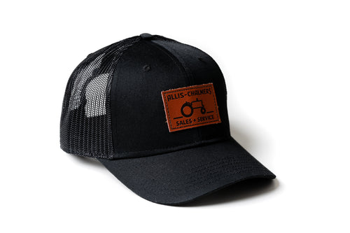 Allis Chalmers Leather Emblem Hat, Black Mesh, Sales and Service Emblem