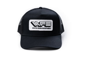 White Farm Equipment Hat, Trucker Style Black Mesh