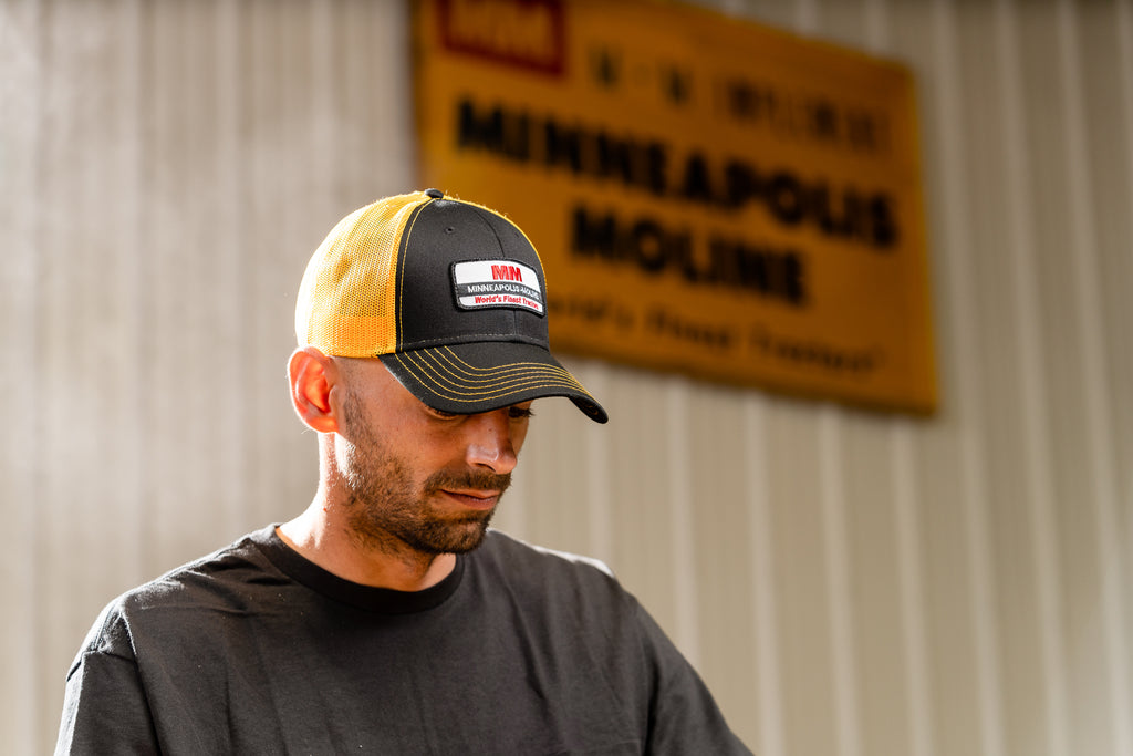 Minneapolis Moline Hat, World's Finest Tractors Logo, Black with Gold Mesh Back