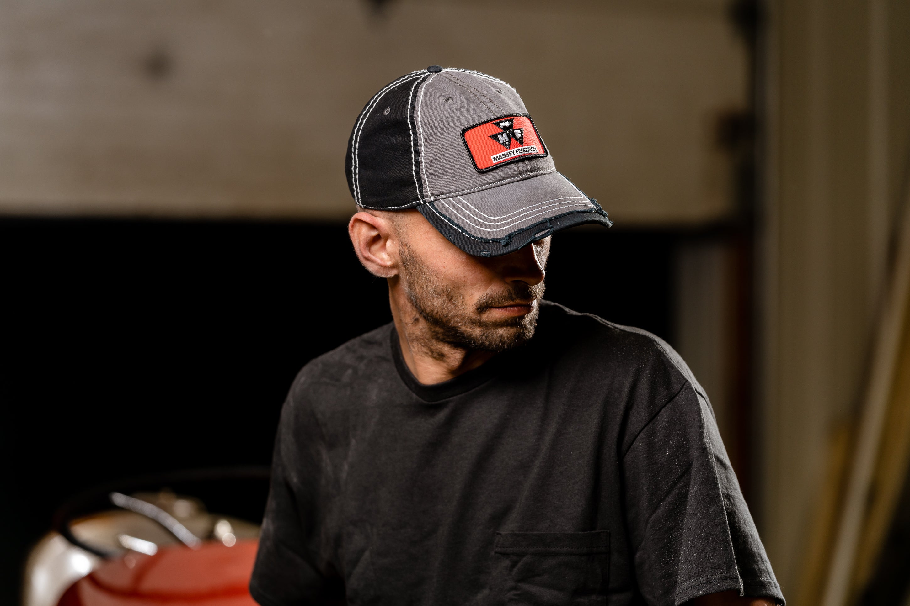 Red Massey Ferguson Logo Hat, Gray and Black Distressed