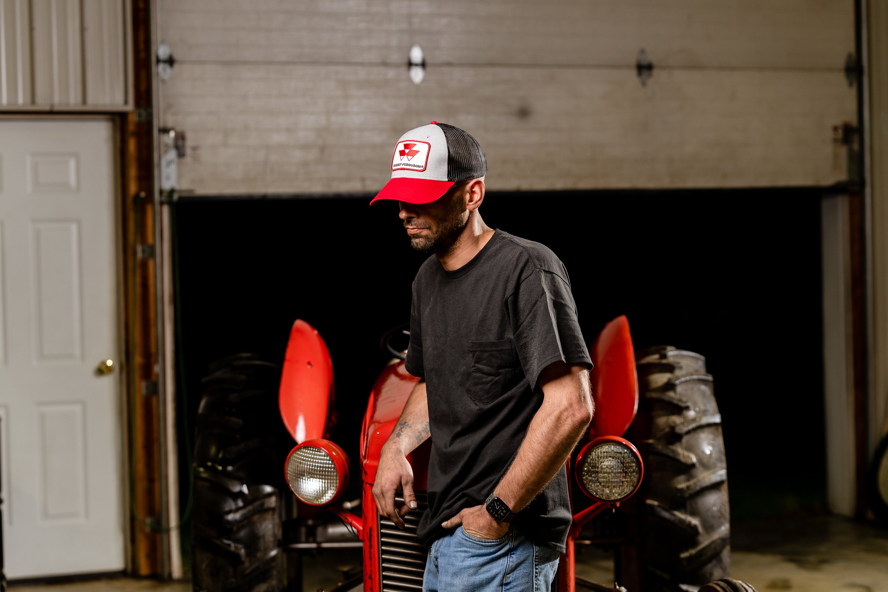 Massey Ferguson Logo Hat, Gray with Red Brim and Black Mesh Back