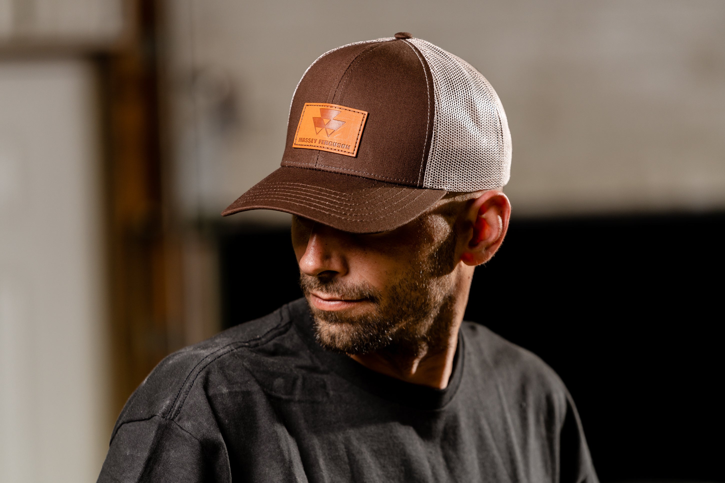 Massey Ferguson Leather Emblem Hat, Brown Mesh