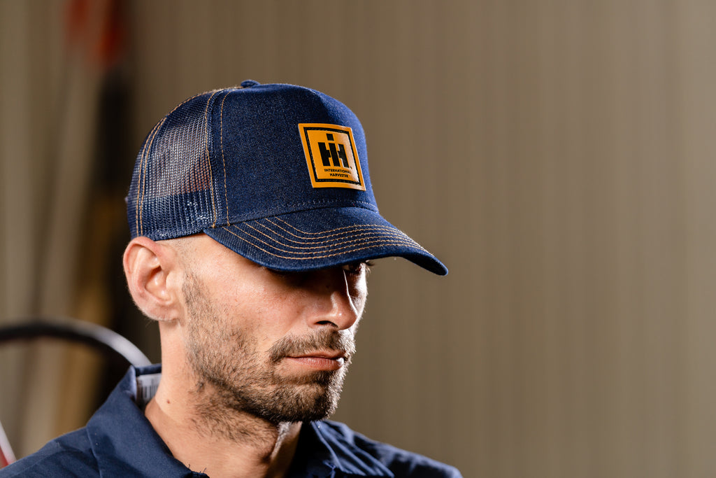 International Harvester IH Logo Hat, Leather Emblem, Denim Mesh