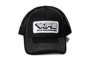 White Farm Equipment Hat, Black Mesh with White Accent Stitching