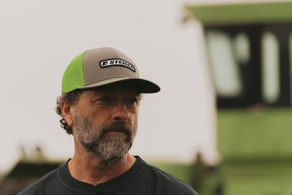 Steiger Logo Hat, Charcoal Gray with Neon Green Mesh Back, Trucker Hat