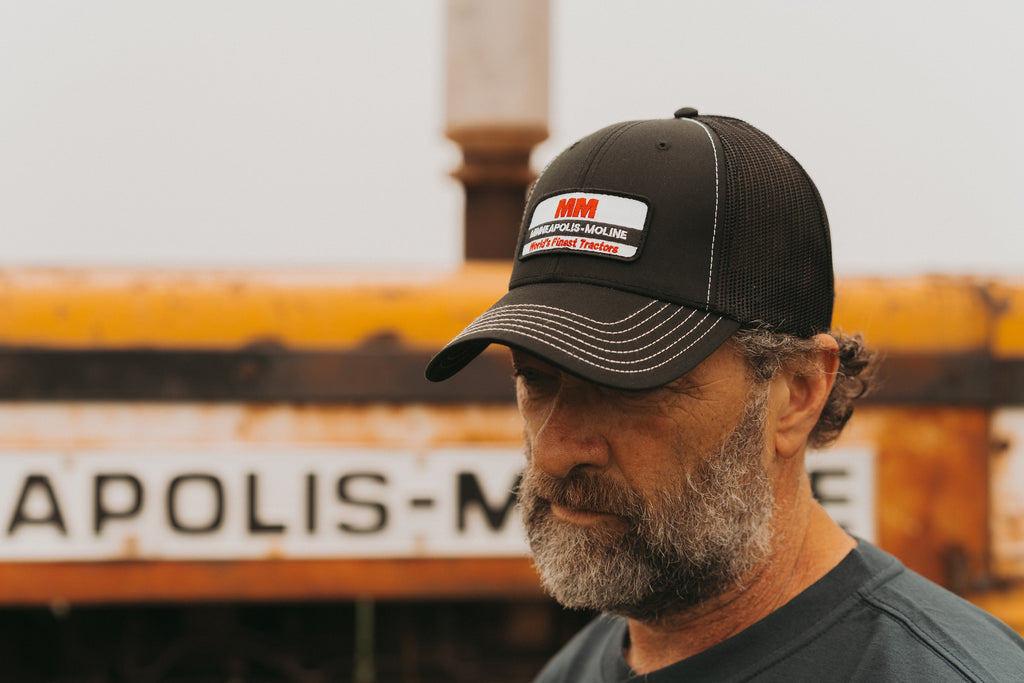 Minneapolis Moline Hat, World's Finest Tractor Logo, Black Mesh with White Accent