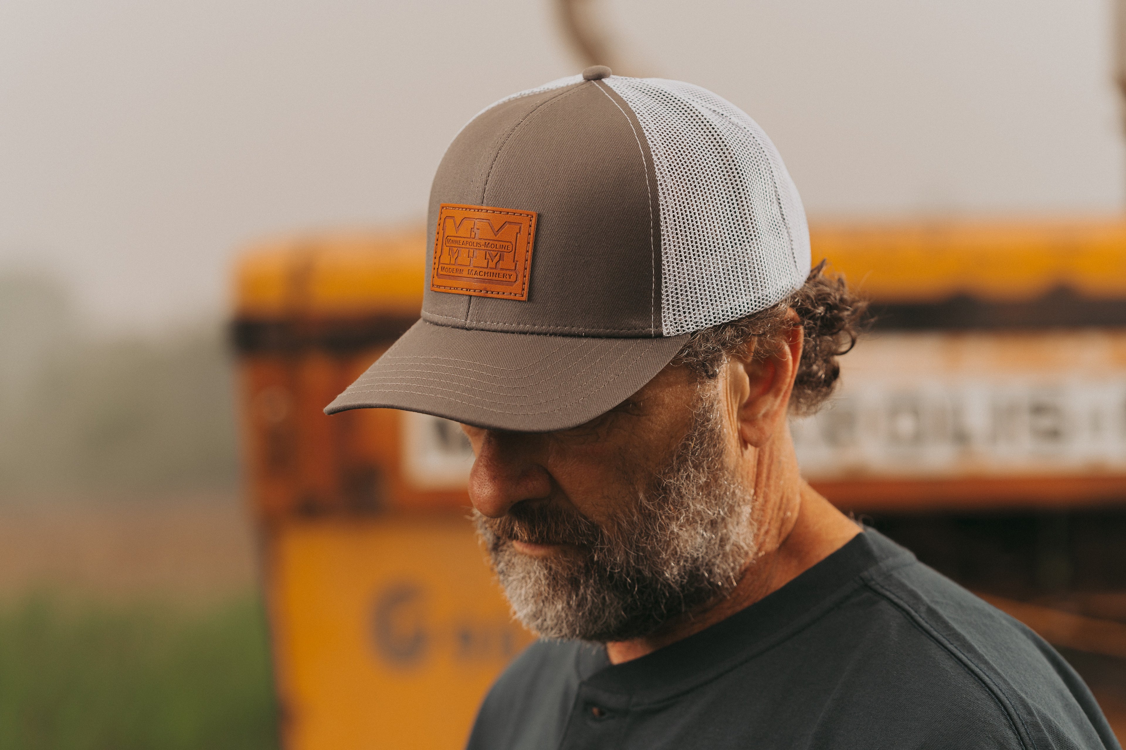 Minneapolis Moline Leather Emblem Hat, Gray and White