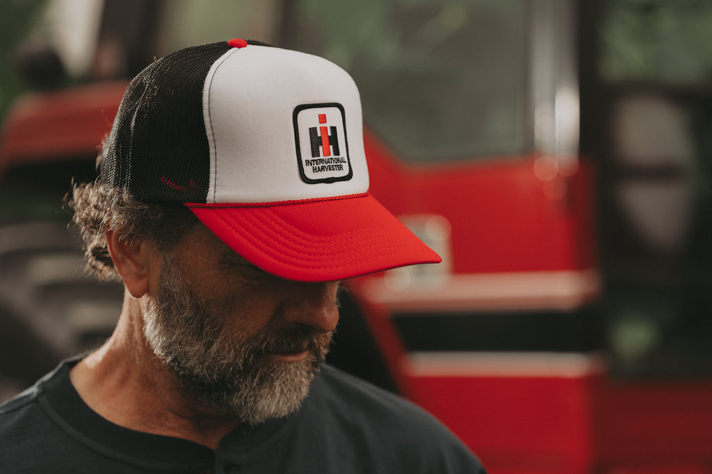 International Harvester IH Logo Hat, White Foam Front with Red Brim and Mesh Back