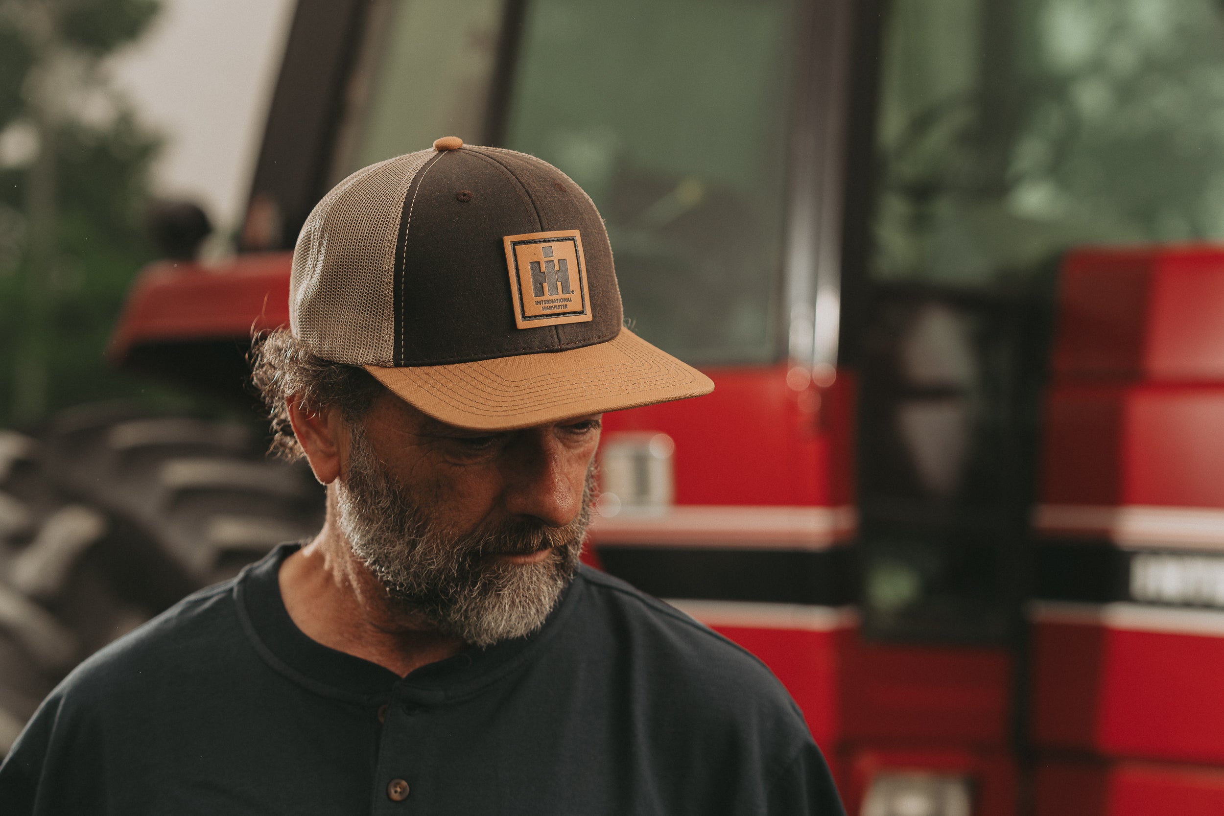 IH Leather Emblem Hat, Brown and Tan with Mesh Back