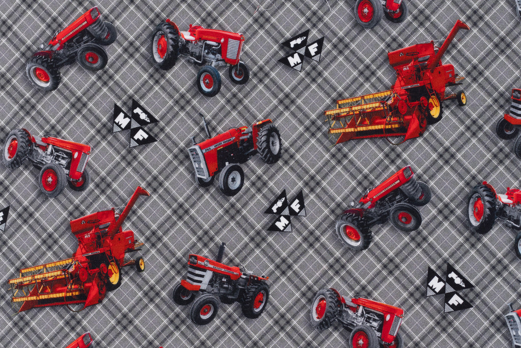Massey Ferguson Tractor and Logo Toss Fabric, Gray Plaid