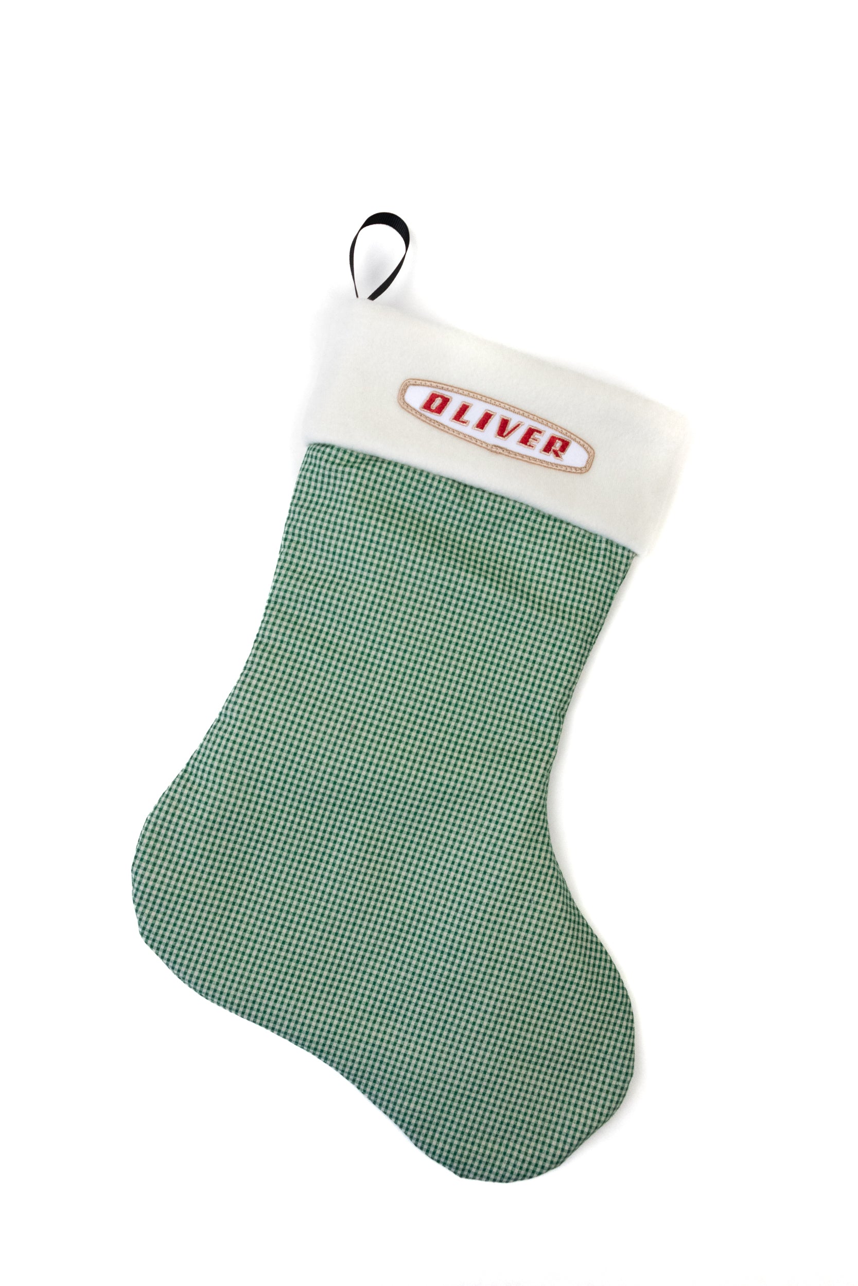 Oliver Christmas Stocking, Gingham, Oval Oliver Logo
