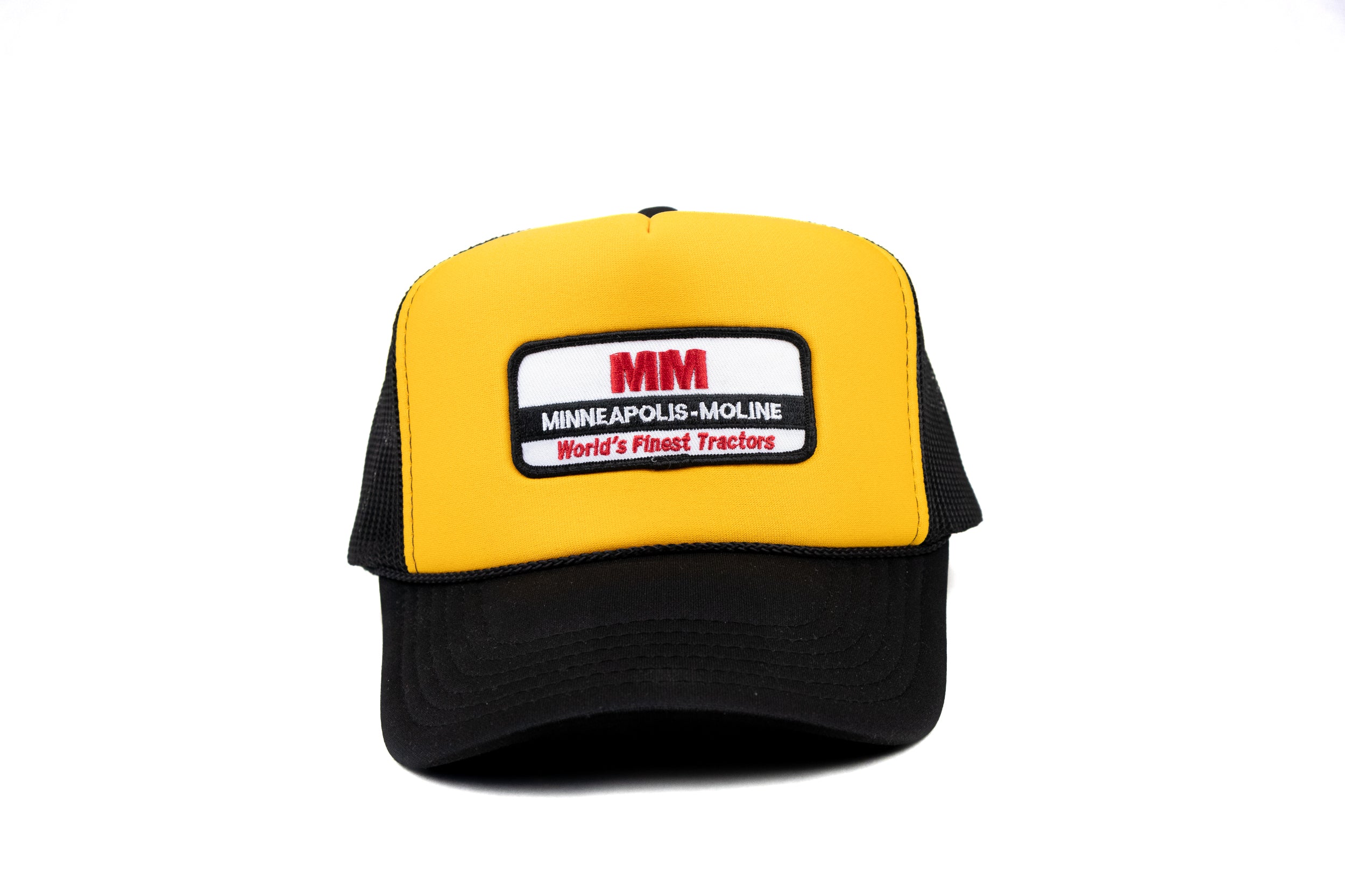 Minneapolis Moline Hat, World's Finest Tractors Logo, Gold/Black Foam Trucker Hat