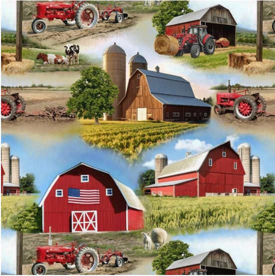 Farmall IH Tractor Fabric, Farm Scenery Print