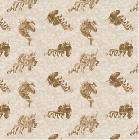 Farmall IH Tractor Fabric, Tractors with Plows Tone-on-Tone Print
