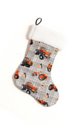 Allis Chalmers Tractor and Logo Christmas Stocking, Gray Plaid Background