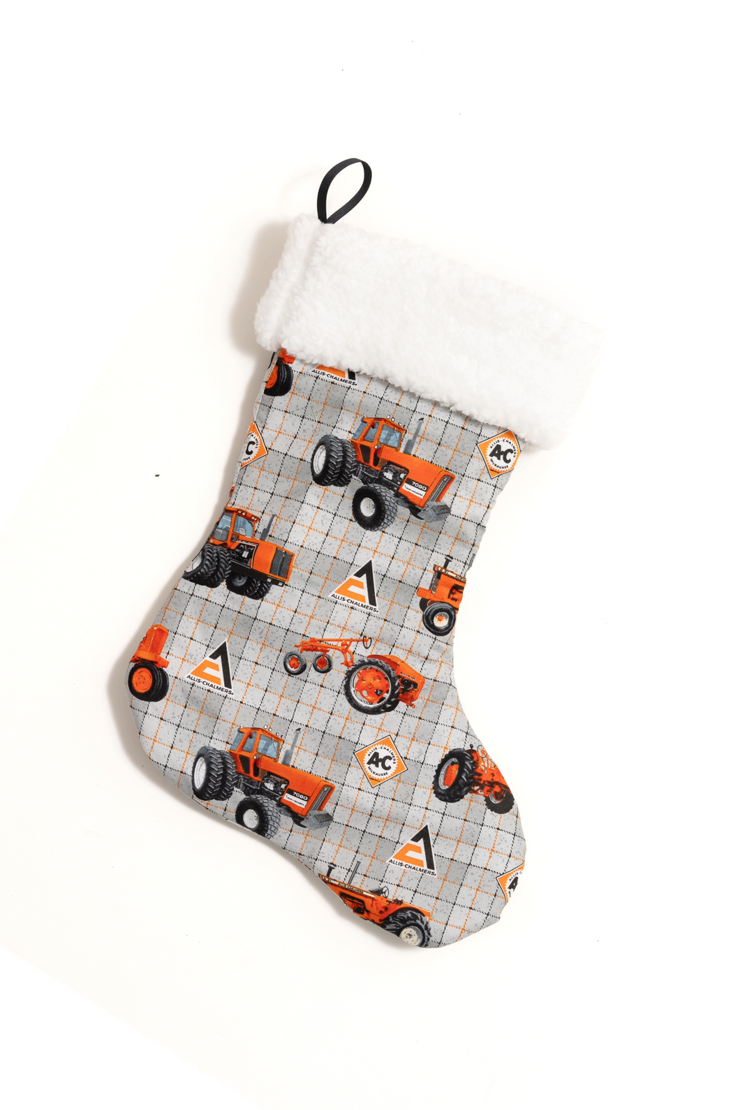 Allis Chalmers Tractor and Logo Christmas Stocking, Gray Plaid Background