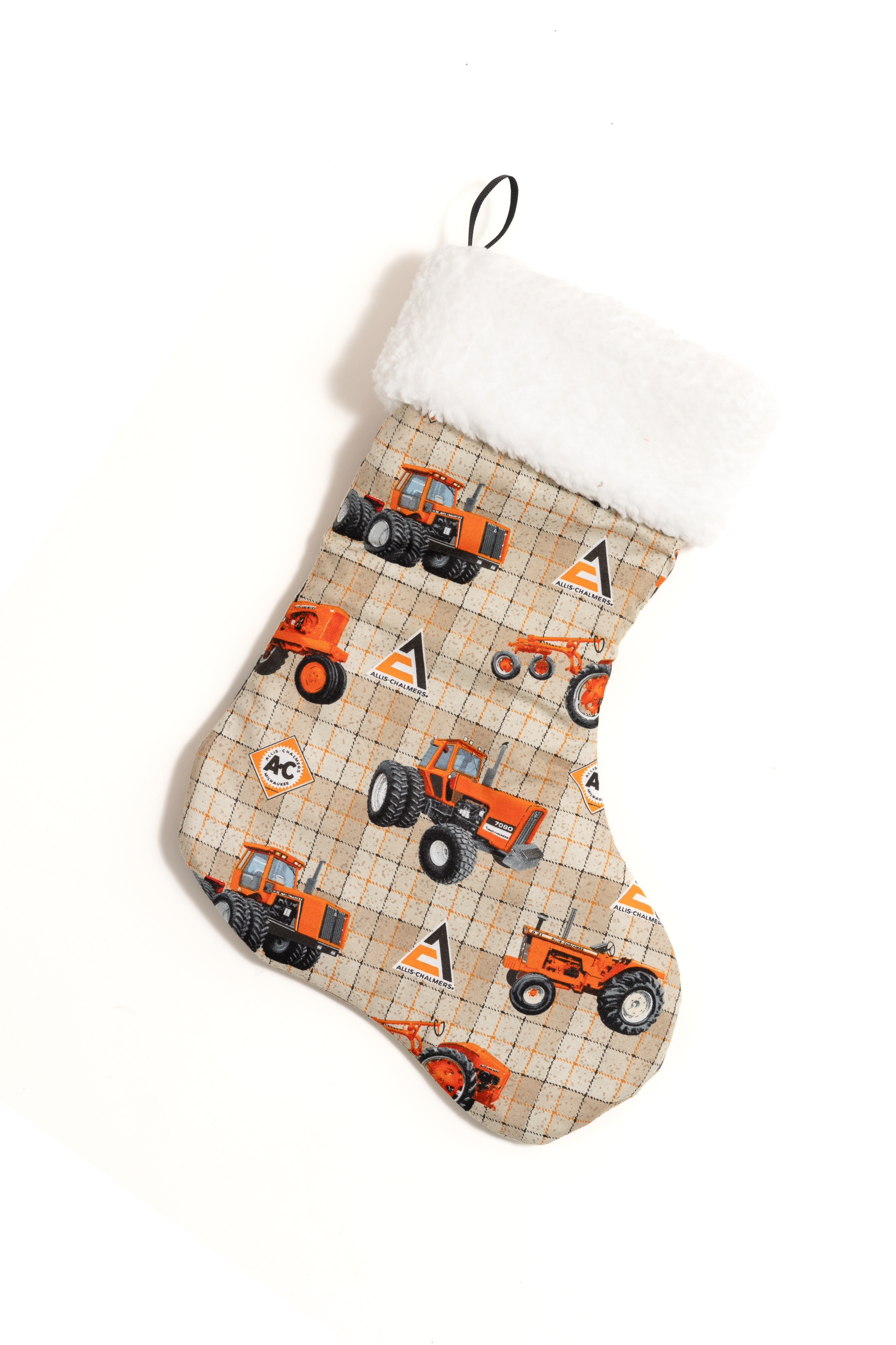 Allis Chalmers Tractor and Logo Christmas Stocking, Tan Plaid Background