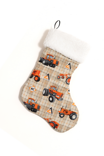 Allis Chalmers Tractor and Logo Christmas Stocking, Tan Plaid Background