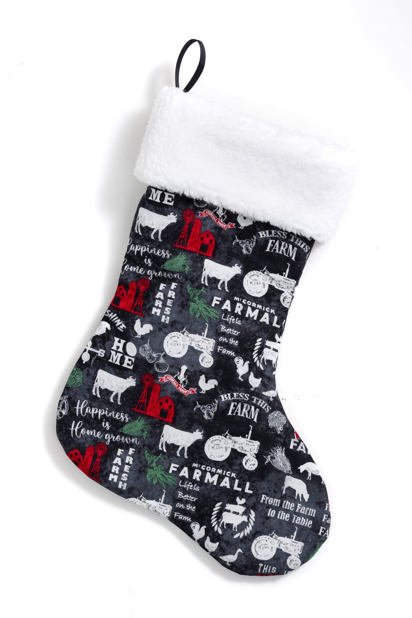 Farmall IH Tractor Christmas Stocking, Black Farmhouse Print
