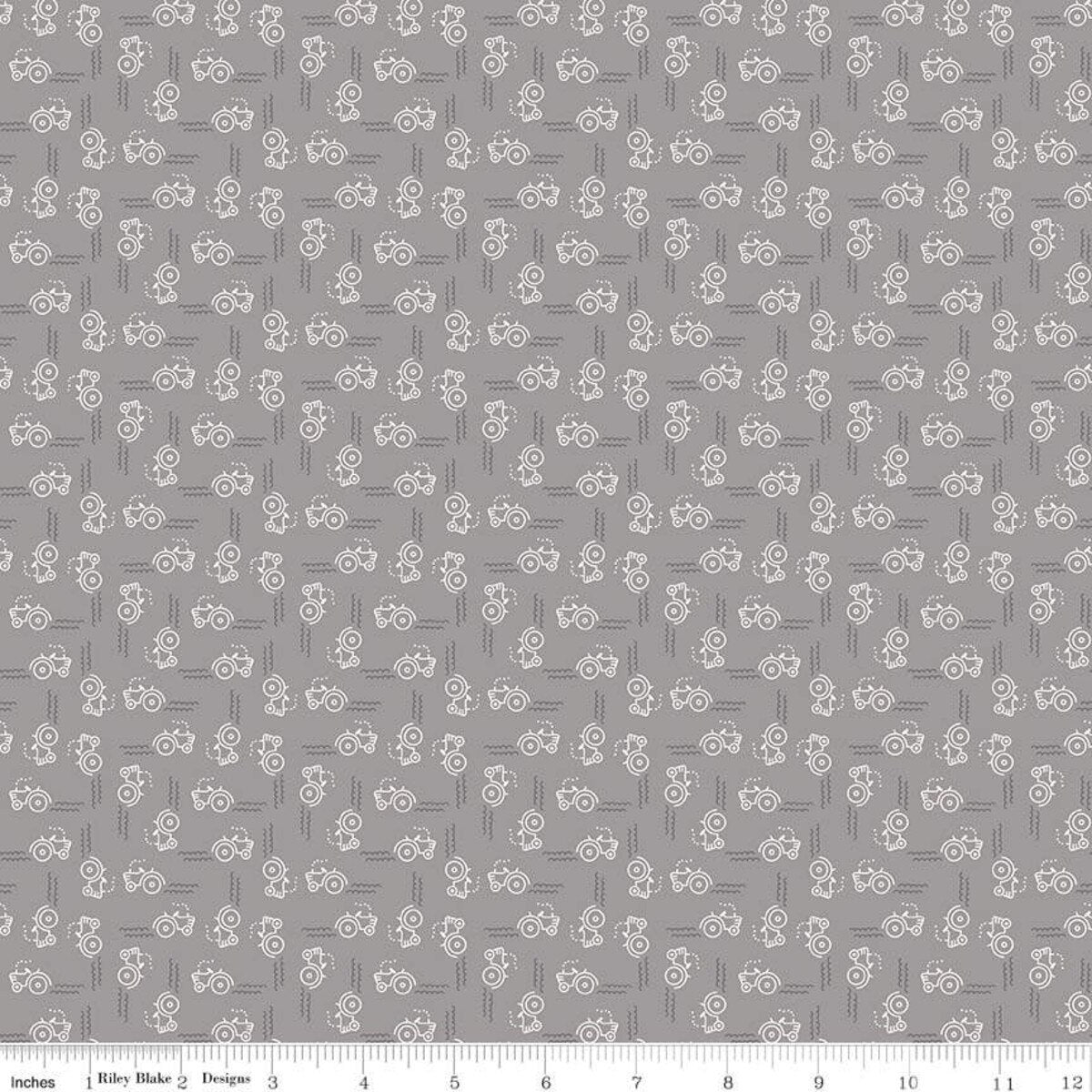 Farm Girl Vintage Fabric Collection, Tractors and Tracks, Gray