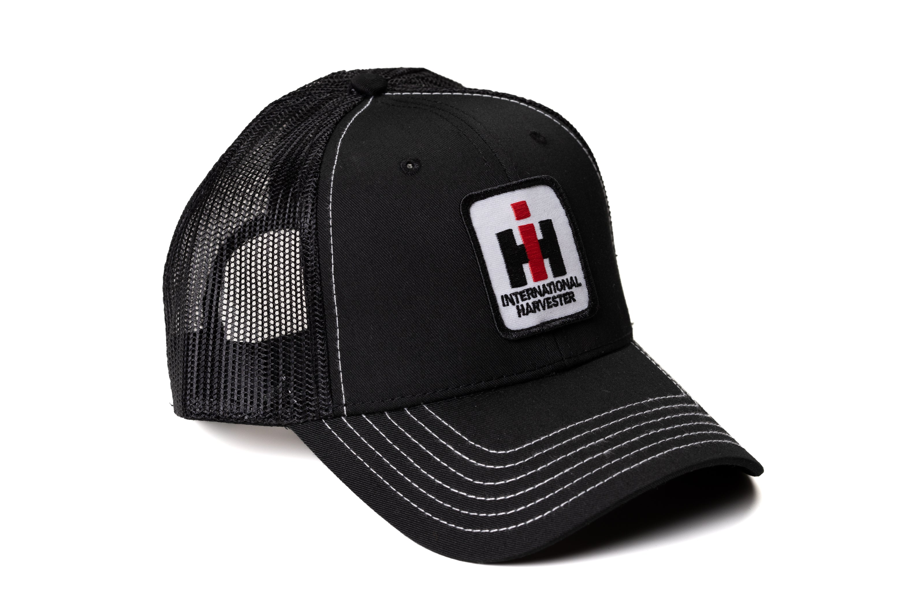 IH International Harvester Logo Hat, Black Mesh with White Accent Stitching, Choose Adult or Youth Size