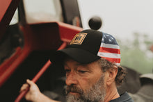 Load image into Gallery viewer, International Harvester Leather Emblem Hat, Black with Flag Mesh Back