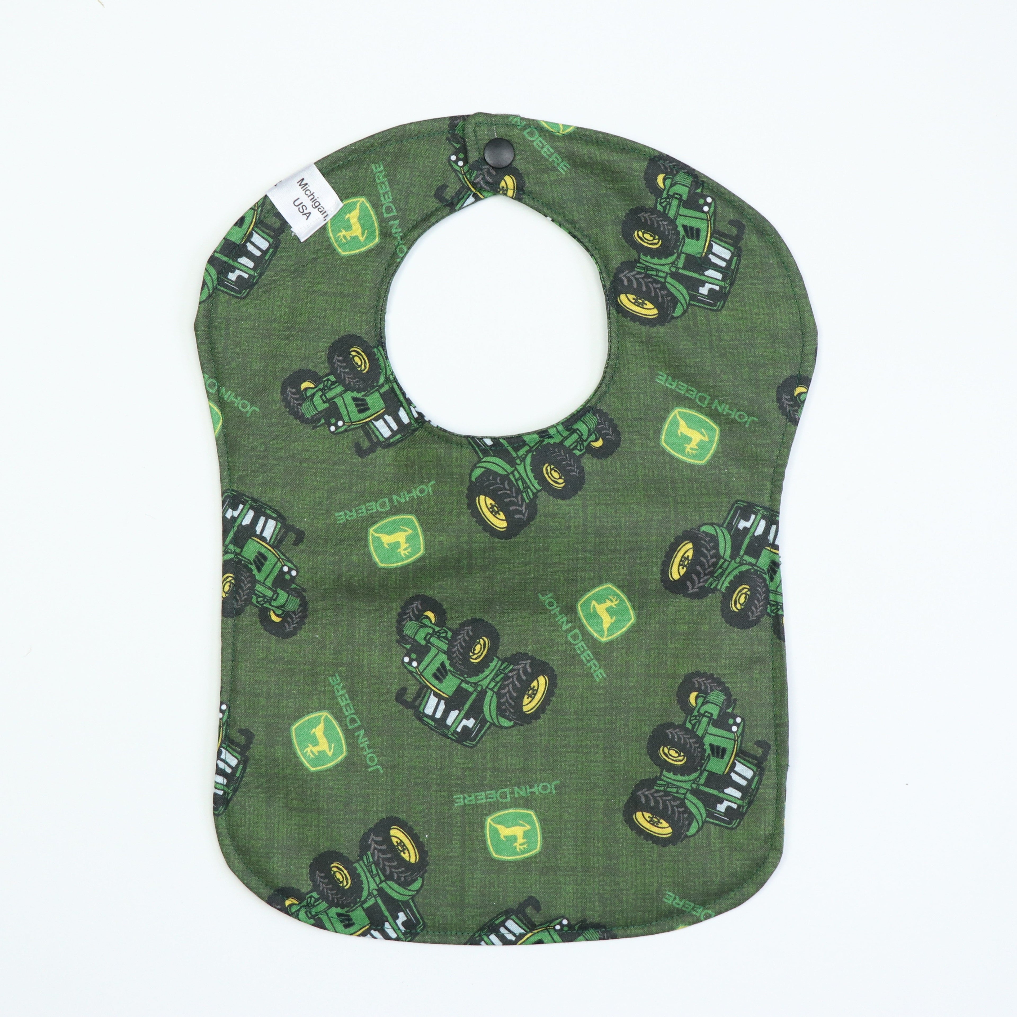 Baby Bib Displaying John Deere Tractors and Logos, Green
