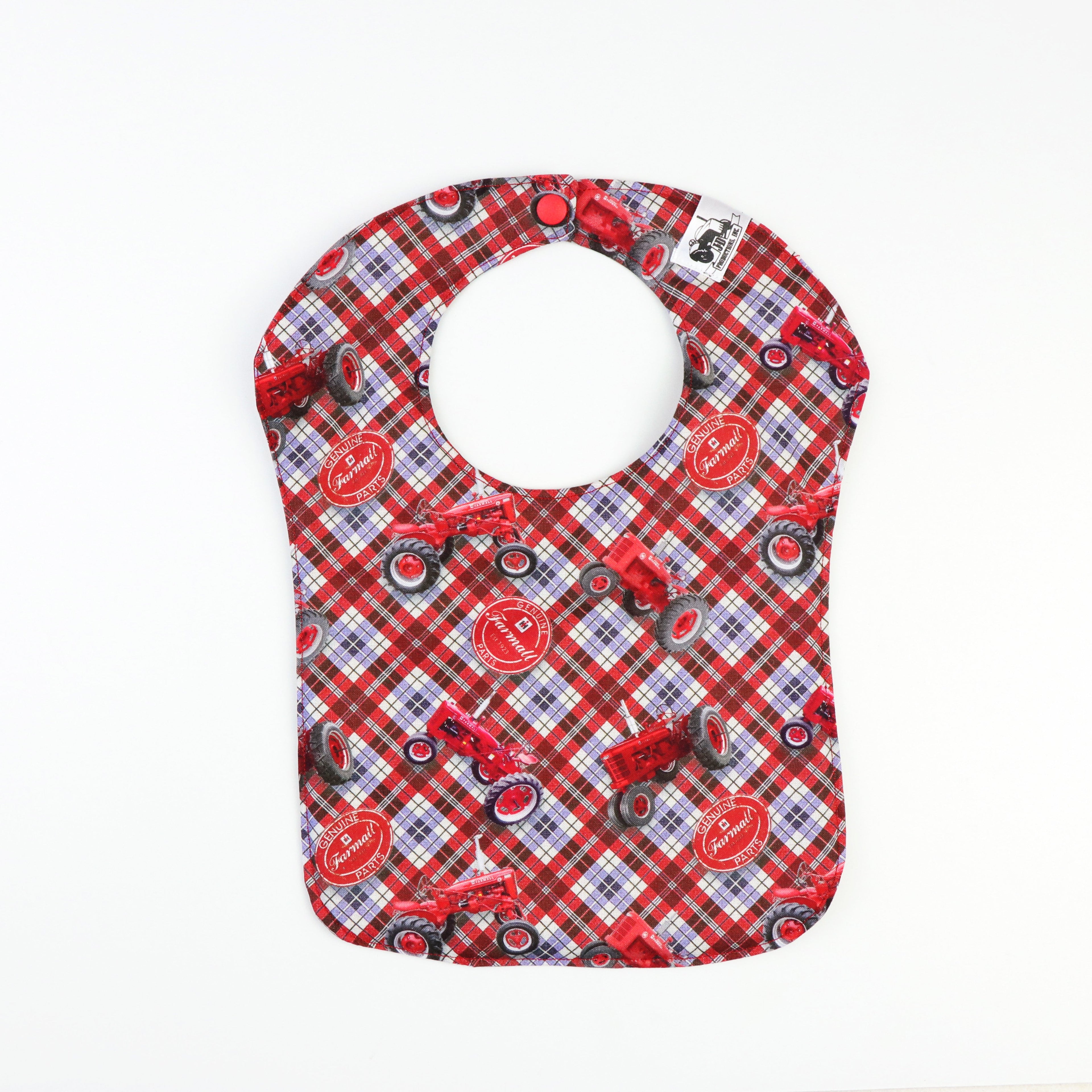 Farmall Tractor Baby Bib, Red/White/Blue Plaid