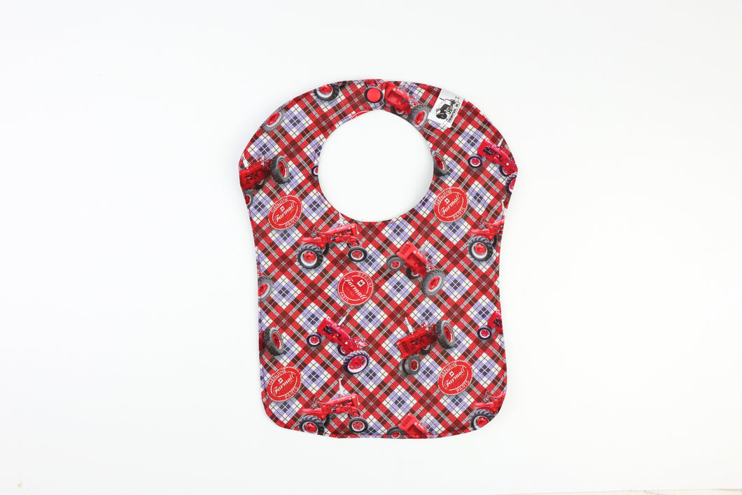 Farmall Tractor Baby Bib, Red/White/Blue Plaid