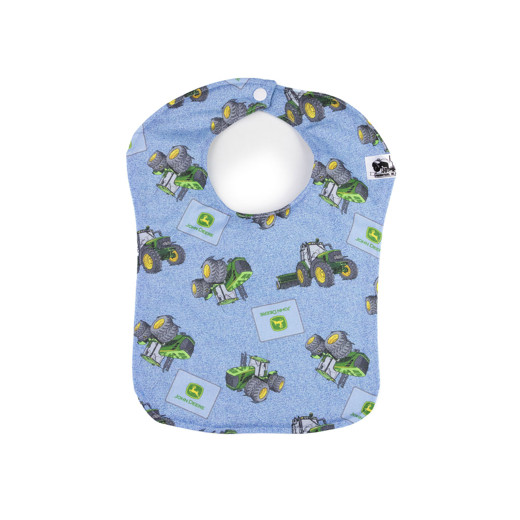 Baby Bib Displaying John Deere Tractors and Logos, Blue