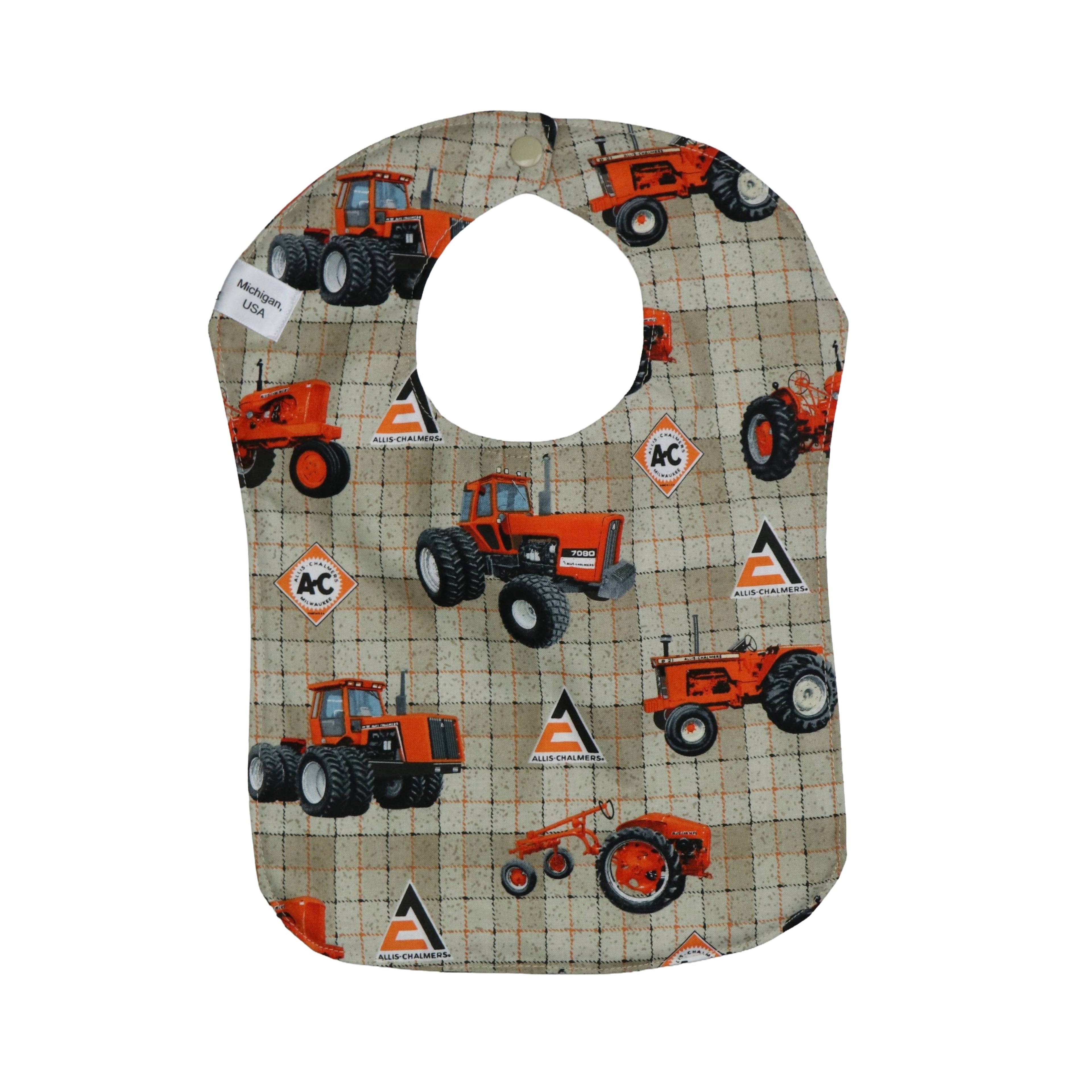 Allis Chalmers Tractor Baby Bib, Tan and Orange Plaid