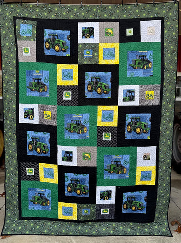 Queen Size Quilt Displaying John Deere Tractors and Logos