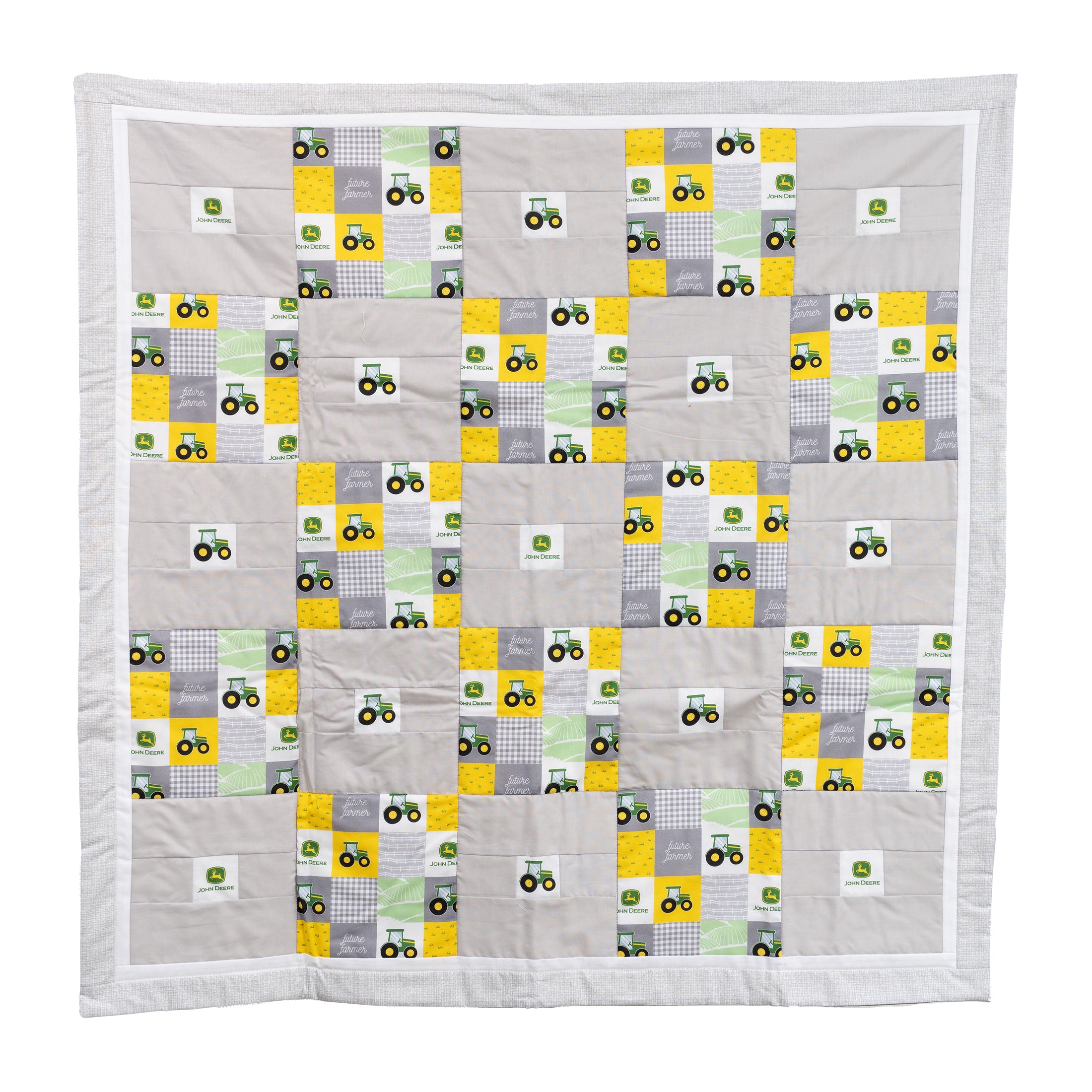 Baby Quilt displaying John Deere Tractors and Logos, Gray Block Print