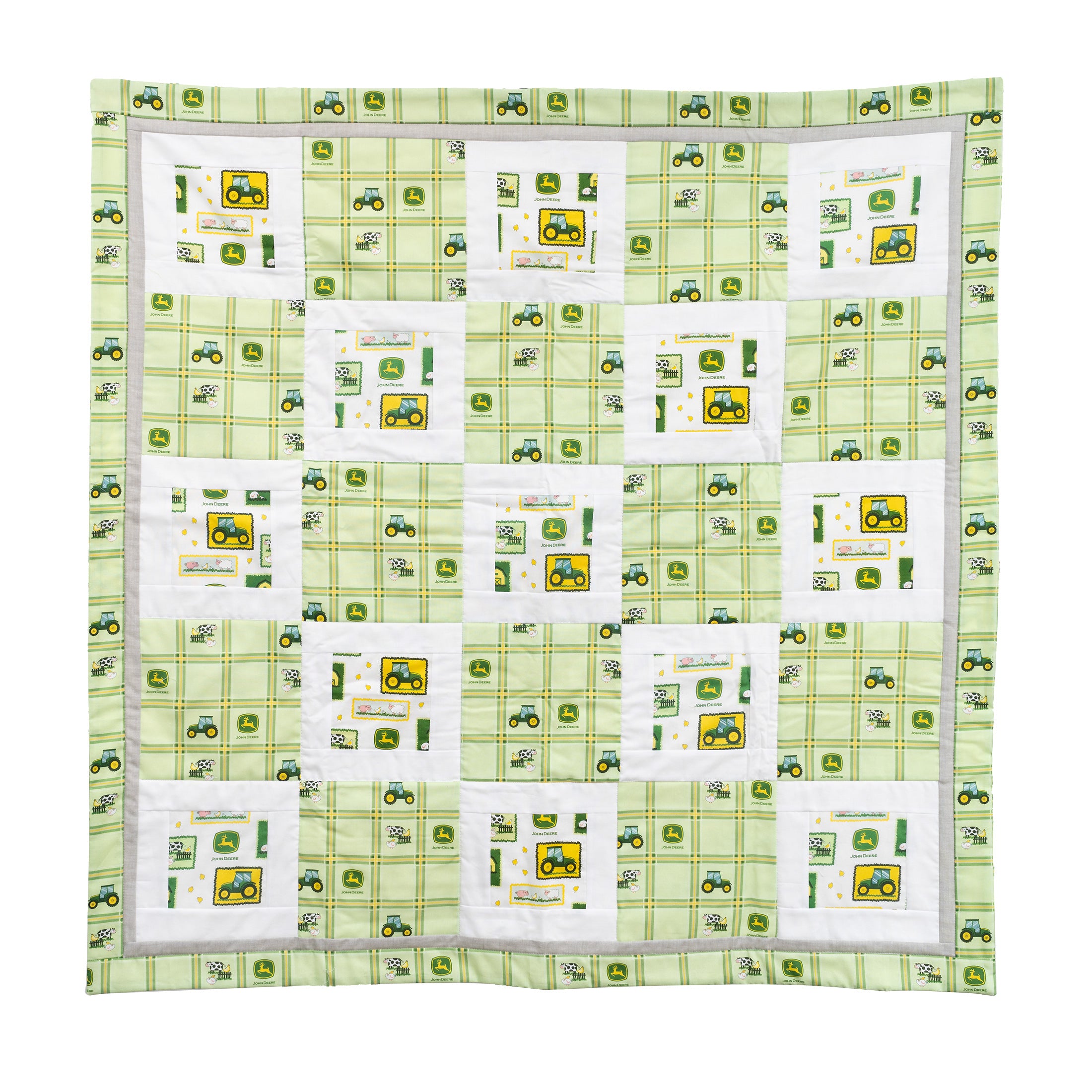 Baby Quilt displaying John Deere Tractors, Green Plaid