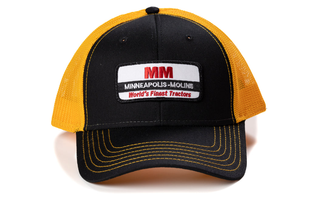 Minneapolis Moline Hat, World's Finest Tractors Logo, Black with Gold Mesh Back