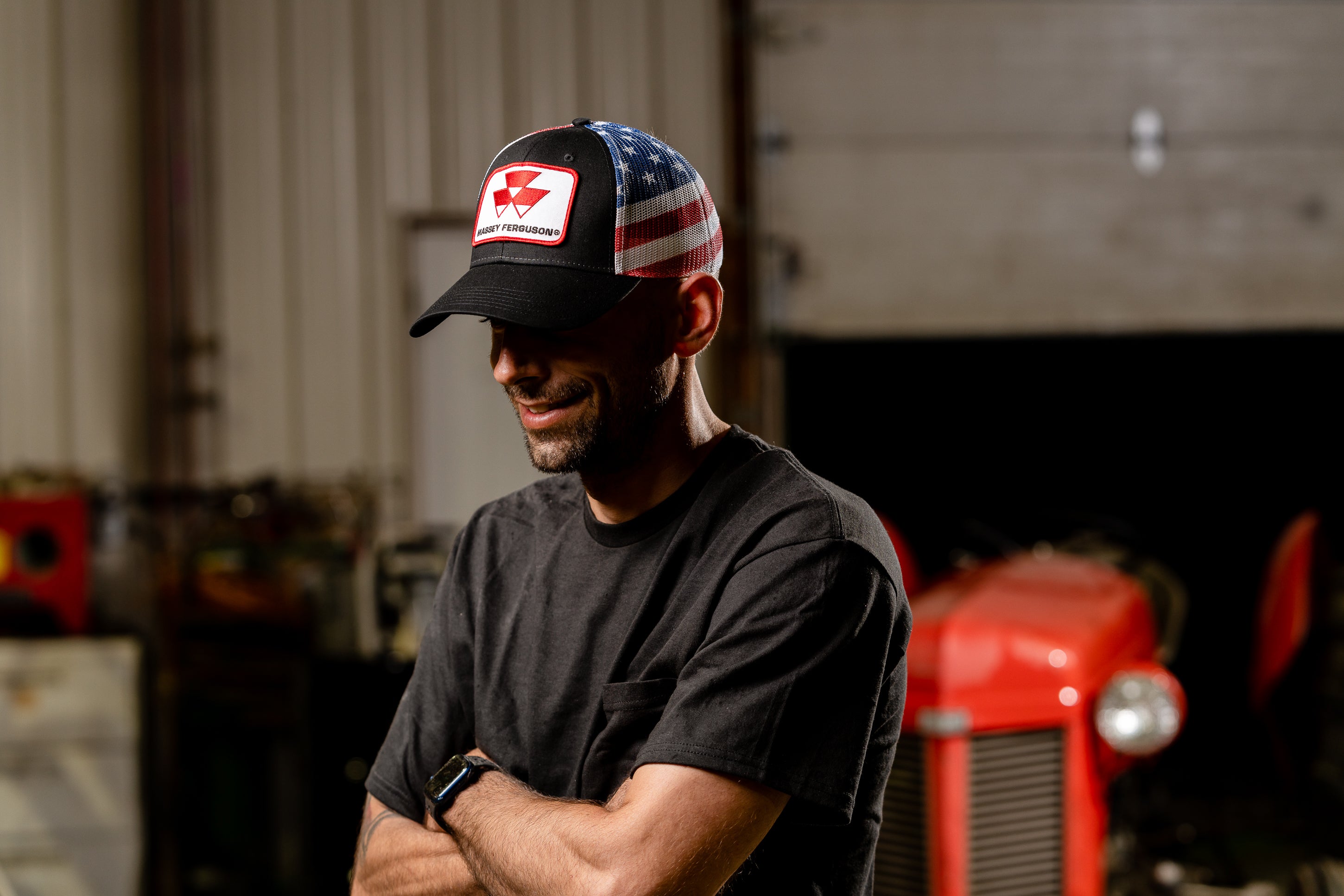 Massey Ferguson Logo Hat, Black with Flag Mesh Back