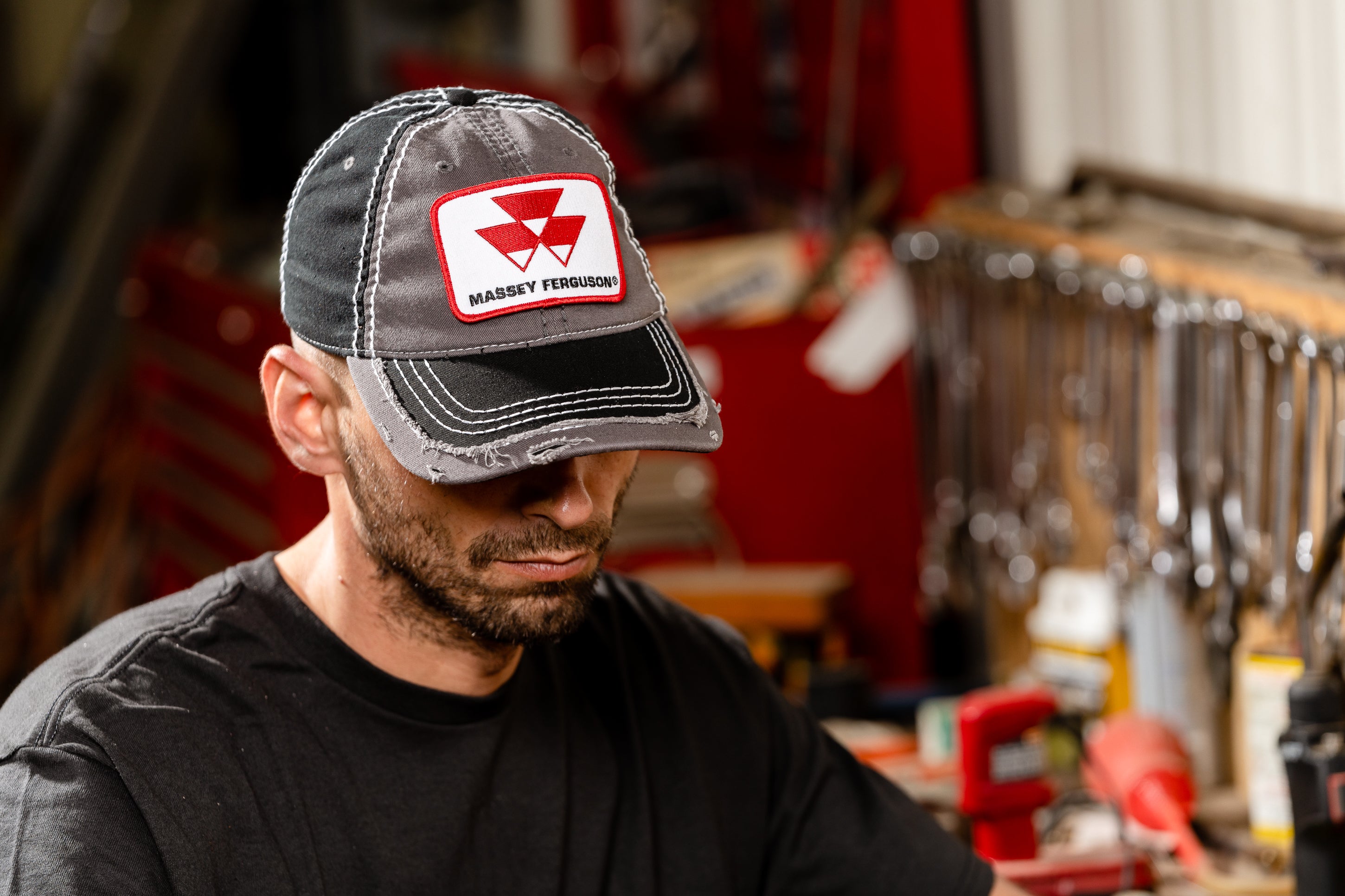 Massey Ferguson Logo Hat, Gray and Black Distressed