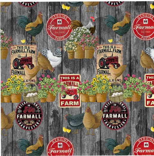 Farmall IH Tractor Fabric, Farmall Signs and Chickens, Gray