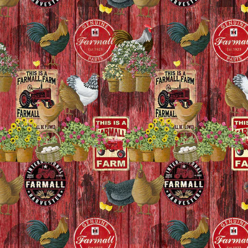 Farmall IH Tractor Fabric, Farmall Signs and Chickens, Red