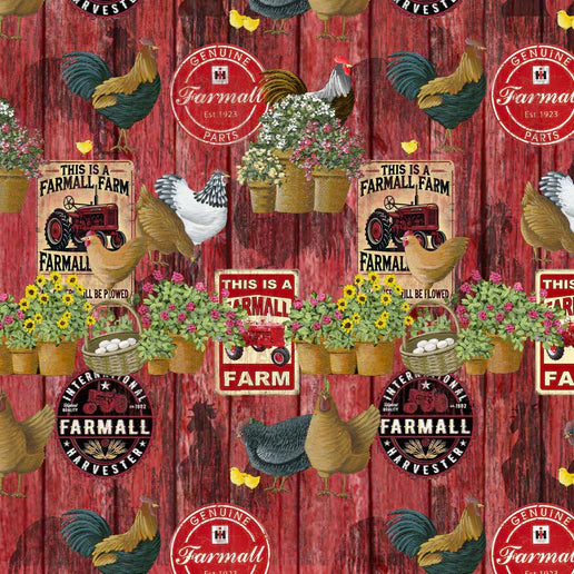 Farmall IH Tractor Fabric, Farmall Signs and Chickens, Red
