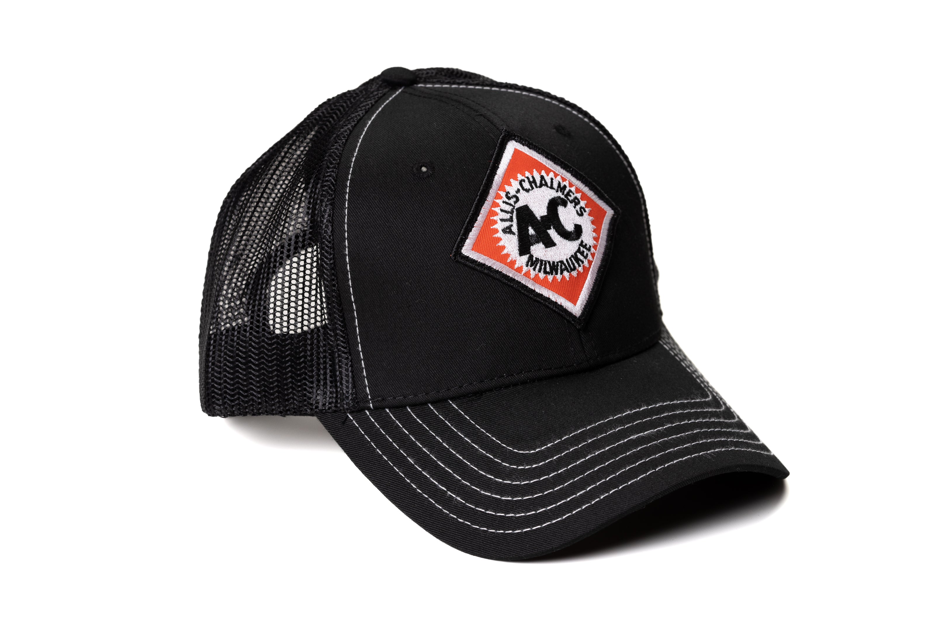 Vintage Allis Chalmers Logo Hat, Black Mesh with White Accent Stitching, Youth or Adult Size