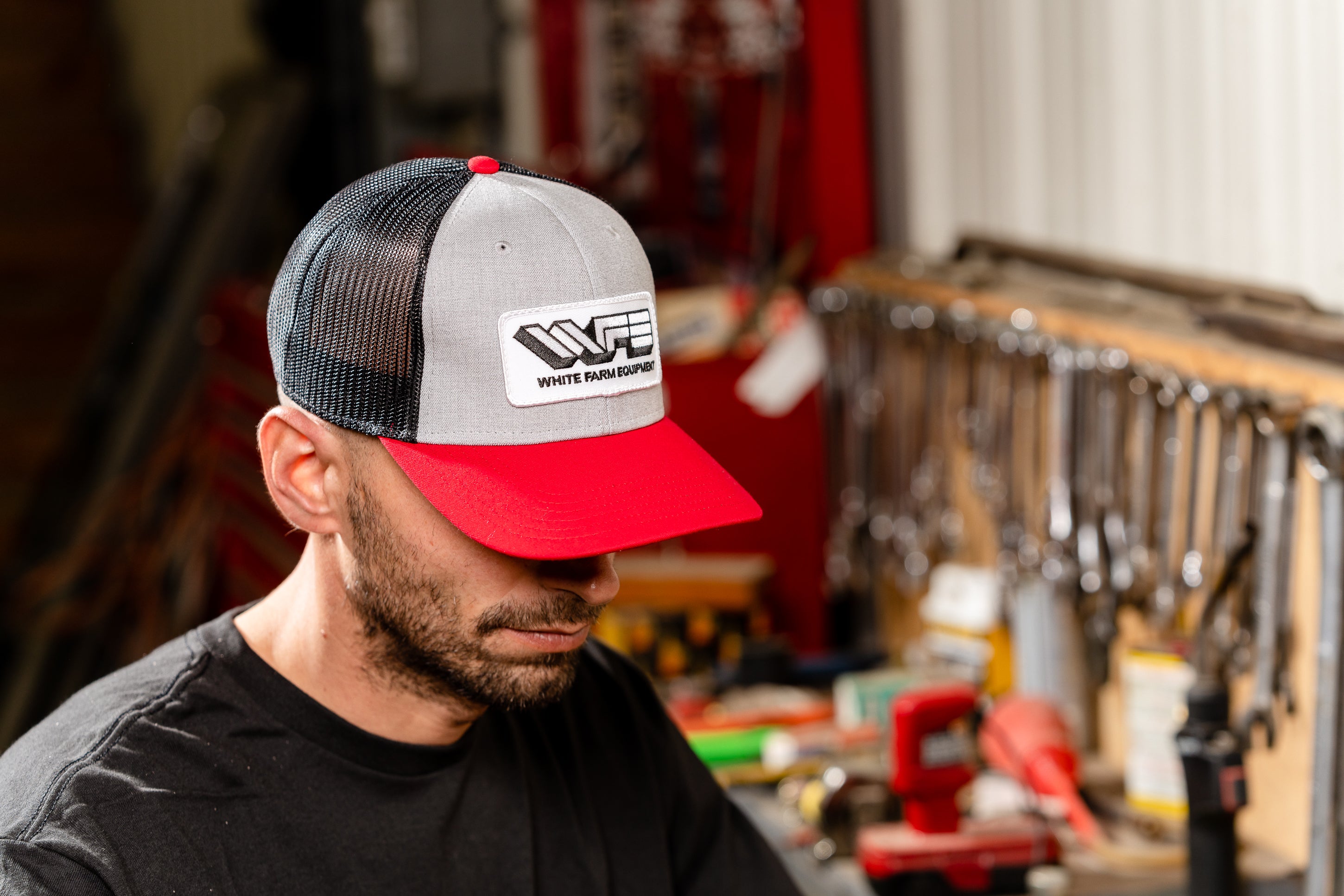 White Farm Equipment Hat, Gray with Red Brim, Mesh