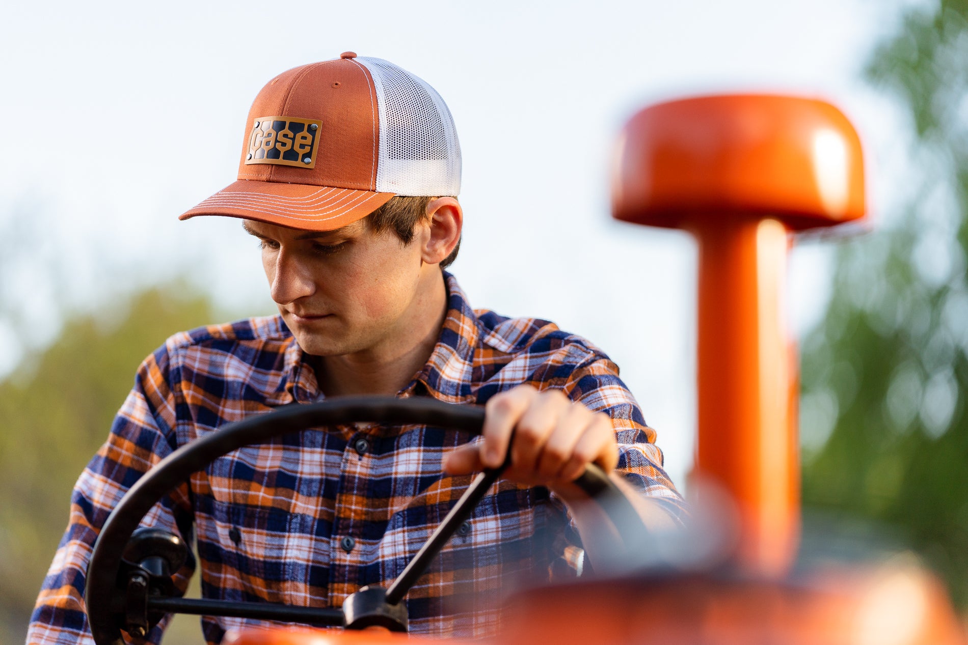Case Tread Logo Leather Emblem Hat, Orange Mesh