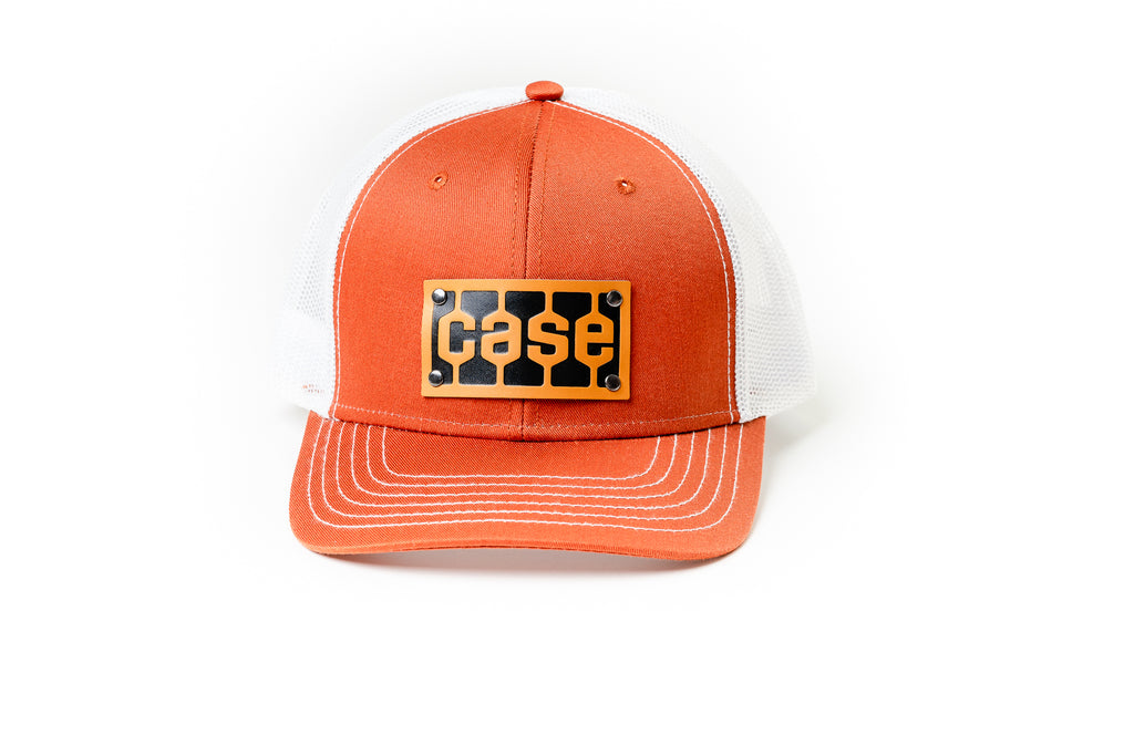 Case Tread Logo Leather Emblem Hat, Orange Mesh