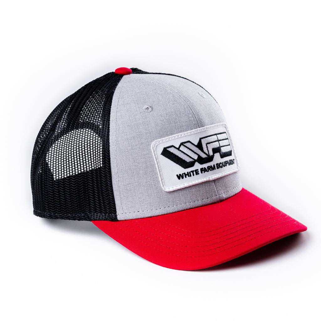 White Farm Equipment Hat, Gray with Red Brim, Mesh