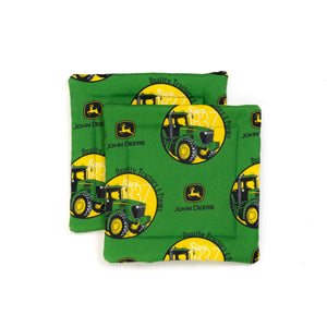 Set of Two Pot Holders, John Deere Tractors and Logos, Green and Yellow