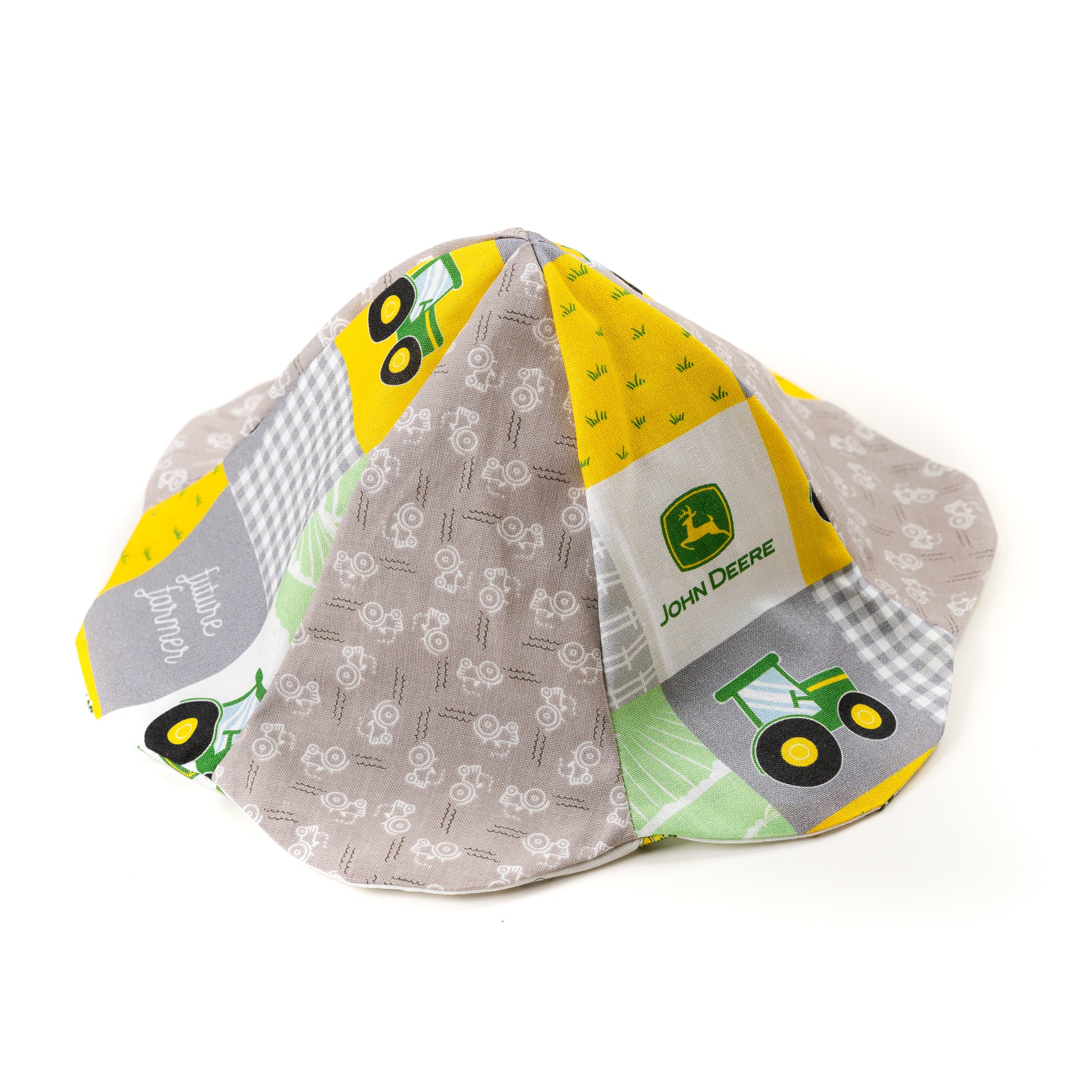 Sun Hat displaying John Deere tractors and logos, future farmer and gray tractor print